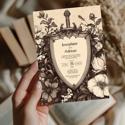 Vintage Gothic Wedding Invitation Set, Medieval Baroque Shield Stationery Bundle, Editable 8 items