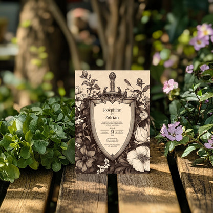Vintage shield floral wedding invite on an outdoor table with forest summer mood background