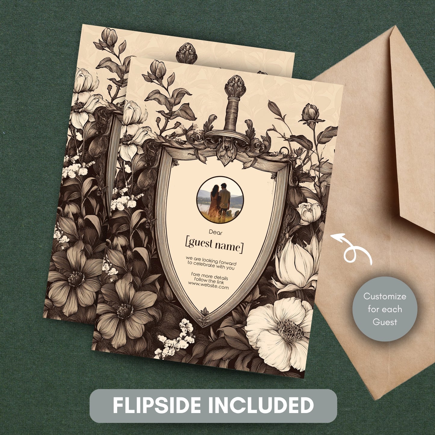 Vintage Gothic Wedding Invitation Set, Medieval Baroque Shield Stationery Bundle, Editable 8 items