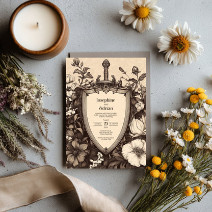 Vintage Gothic Wedding Invitation Set, Medieval Baroque Shield Stationery Bundle, Editable 8 items