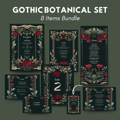 Gothic Roses Wedding Invitation Set - Gothic Botanical Garden, Gold Frame, Editable 8 items