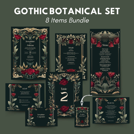 Gothic Roses Wedding Invitation Set - Gothic Botanical Garden, Gold Frame, Editable 8 items