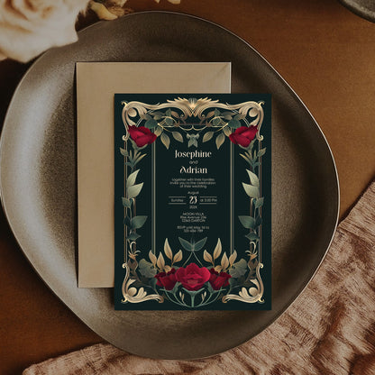 Gothic Roses Wedding Invitation Set - Gothic Botanical Garden, Gold Frame, Editable 8 items