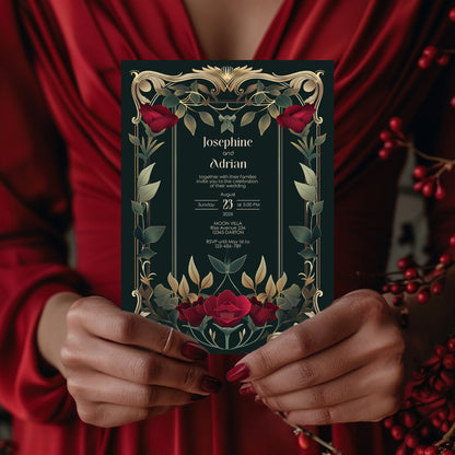 Gothic Roses Wedding Invitation Set - Gothic Botanical Garden, Gold Frame, Editable 8 items