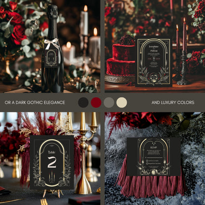 Collage of 4 gothic skull wedding stationary items on dark and luxurious wedding decor with champagne bottle, cake, and table settings.