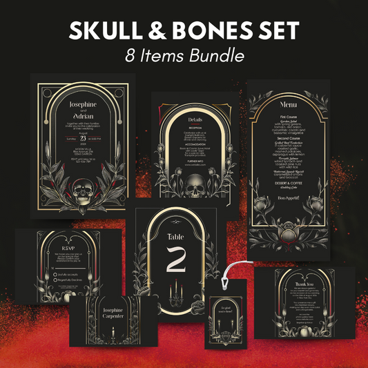 Set of skull and bones themed stationery items on a black and red background