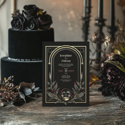Gothic-style wedding invitation with skull design on a wooden surface with flowers.