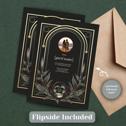 Gothic-style invitation card with skull design and personal image upload on a green background