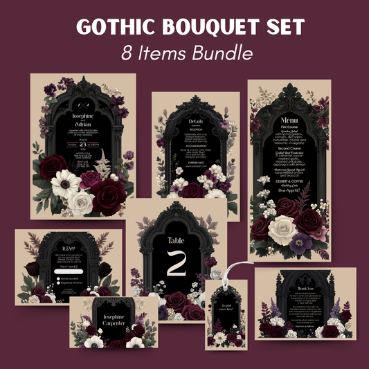 Gothic Floral Wedding Invitation Bundle - Black Arch and Burgundy Stationery Set, Editable 8 items
