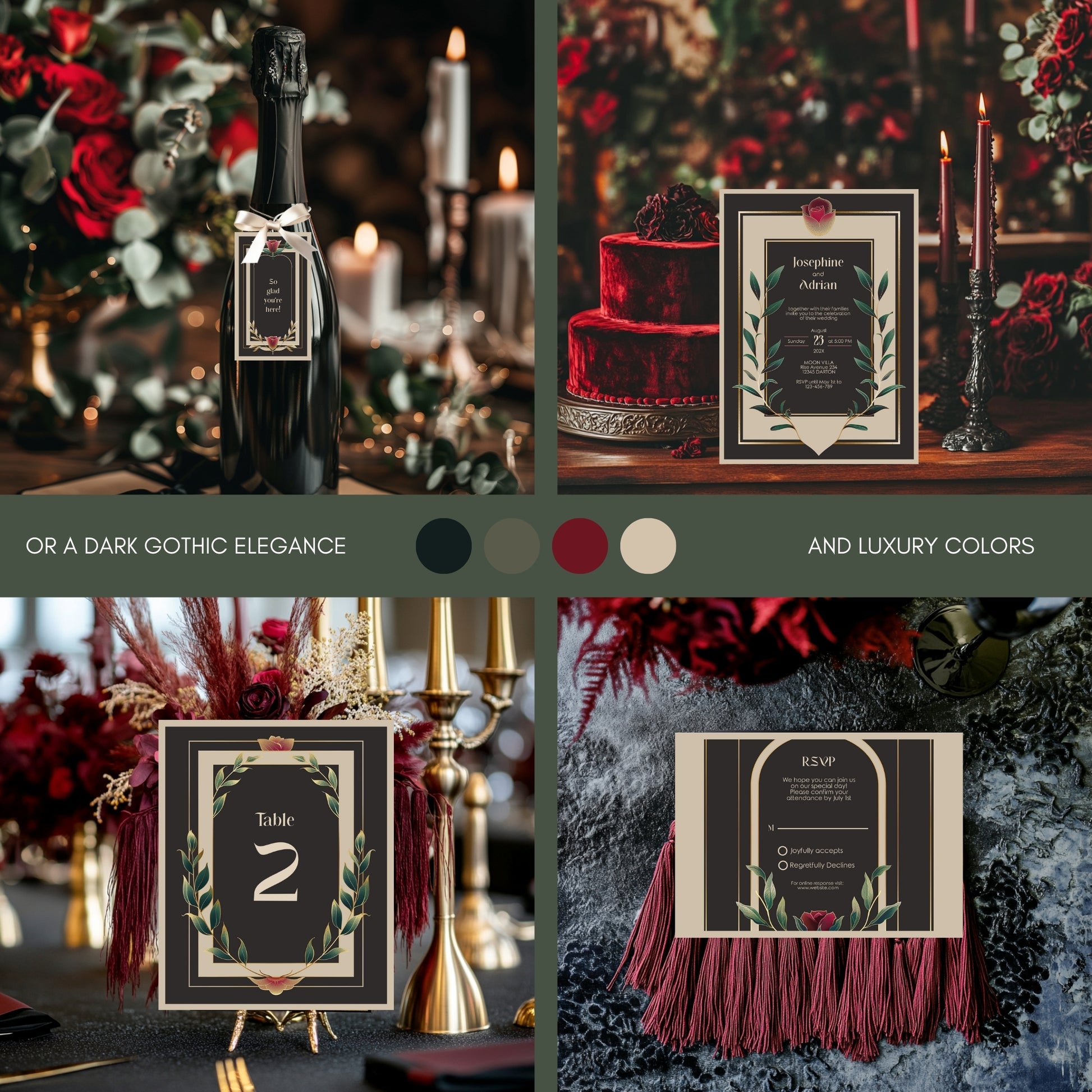 vintage wedding invitation set with gift tag, invitation, table card, rsvp card on different backgrounds