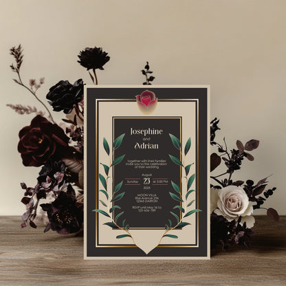 editable vintage Wedding invitation card with red rose floral design on a wooden surface