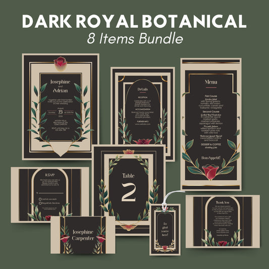 Dark Royal Botanical wedding invitation set with floral elements on a green background