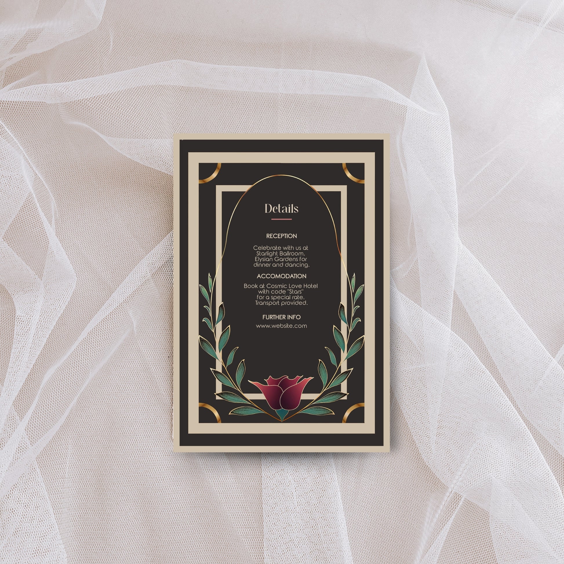 Decorative details card with floral design and text on a sheer fabric background