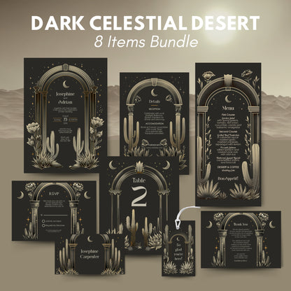 Dark Celestial Desert Wedding Invitation Set - Cactus and Moon Design, Editable 8 items, RSVP, Menu, Details & More, Digital Download