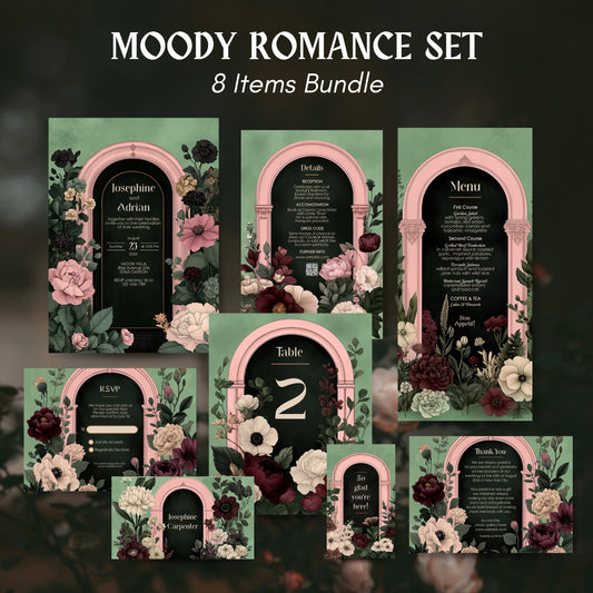 Moody Romance Wedding Invitation Set - Gothic Folk Style, Burgundy Flowers, Editable 8 items