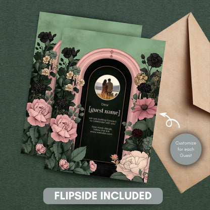 Moody Romance Wedding Invitation Set - Gothic Folk Style, Burgundy Flowers, Editable 8 items