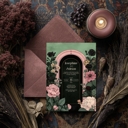 Moody Romance Wedding Invitation Set - Gothic Folk Style, Burgundy Flowers, Editable 8 items
