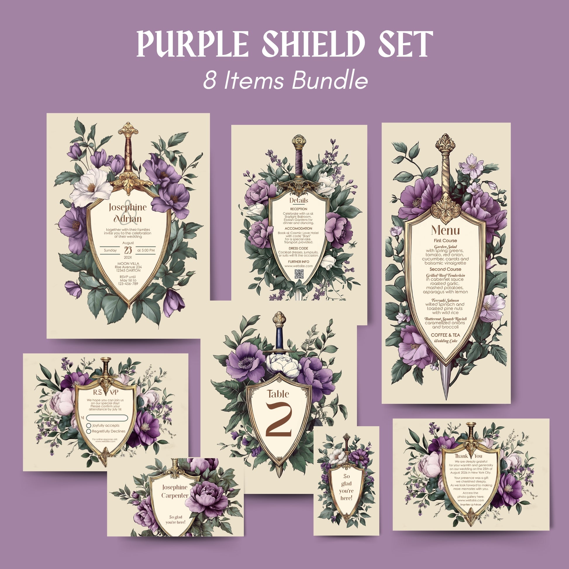 Purple shield-themed wedding invitation set with floral elements on a purple background