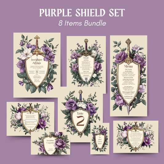 Purple shield-themed wedding invitation set with floral elements on a purple background