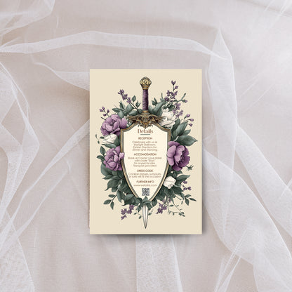 Purple Medieval Wedding Invitation Set - Gothic Floral Sword and Shield, Editable 8 items