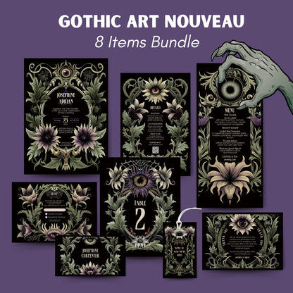 Gothic Fantasy Art Nouveau wedding invitation set with spooky eye design and floral designs on a purple background