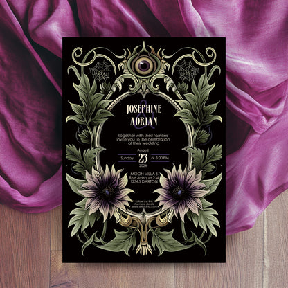 Gothic Art Nouveau Wedding Invitation Set - Green Botanical Design with Spooky Halloween Eyes -Editable 8 items Bundle