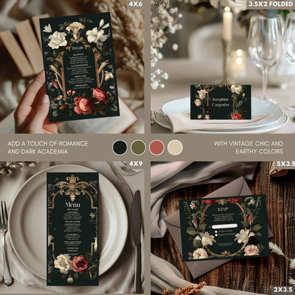 Baroque Wedding Invitation Set - Dark Vintage Botanical Garden, Gold Frame, Editable 8 items