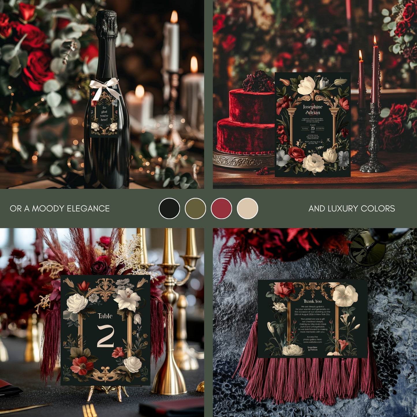 Baroque Wedding Invitation Set - Dark Vintage Botanical Garden, Gold Frame, Editable 8 items
