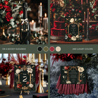 Baroque Wedding Invitation Set - Dark Vintage Botanical Garden, Gold Frame, Editable 8 items