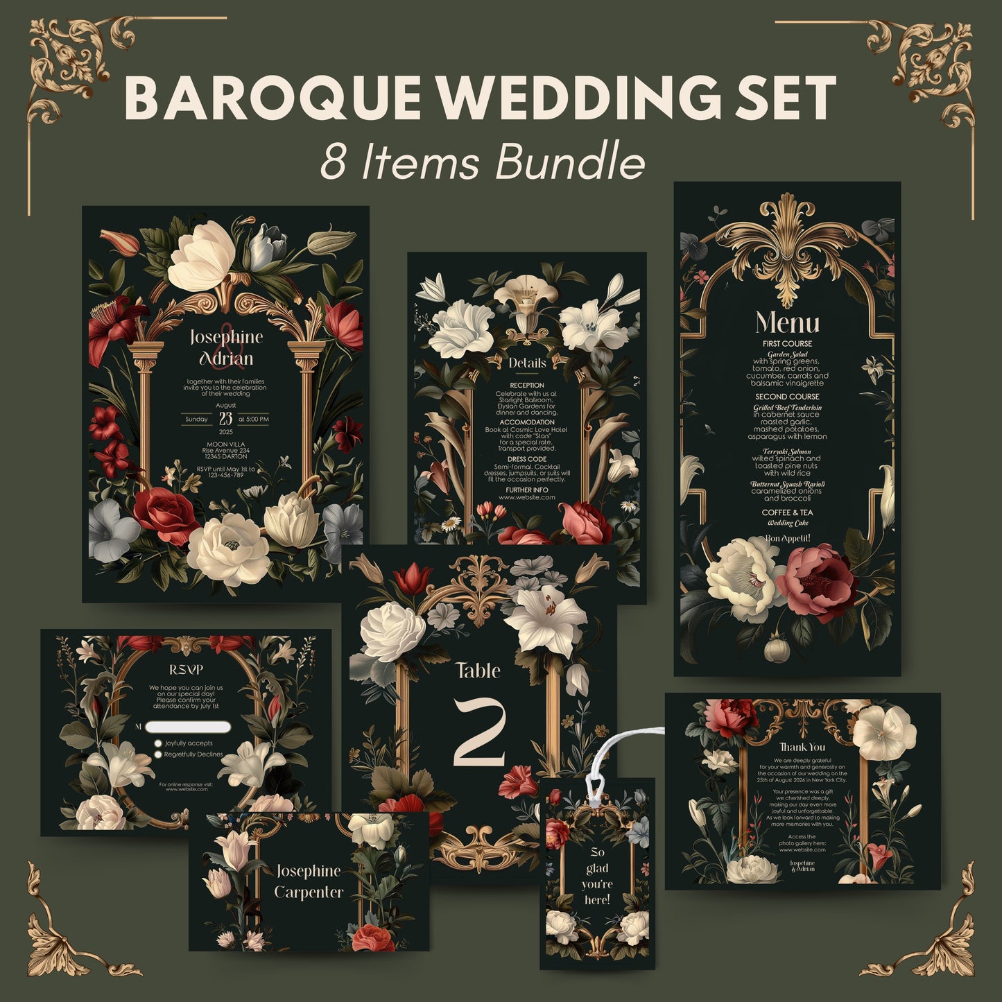Baroque Wedding Invitation Set - Dark Vintage Botanical Garden, Gold Frame, Editable 8 items