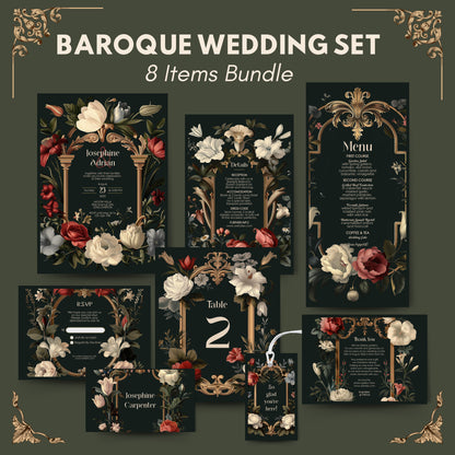 Baroque Wedding Invitation Set - Dark Vintage Botanical Garden, Gold Frame, Editable 8 items