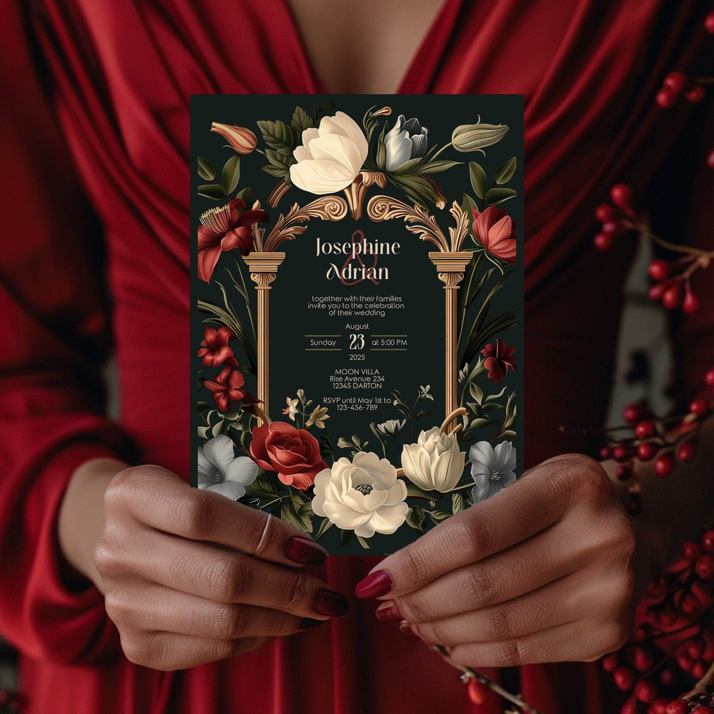 Baroque Wedding Invitation Set - Dark Vintage Botanical Garden, Gold Frame, Editable 8 items
