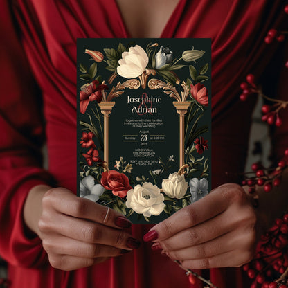 Baroque Wedding Invitation Set - Dark Vintage Botanical Garden, Gold Frame, Editable 8 items