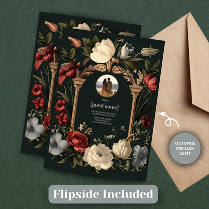 Baroque Wedding Invitation Set - Dark Vintage Botanical Garden, Gold Frame, Editable 8 items