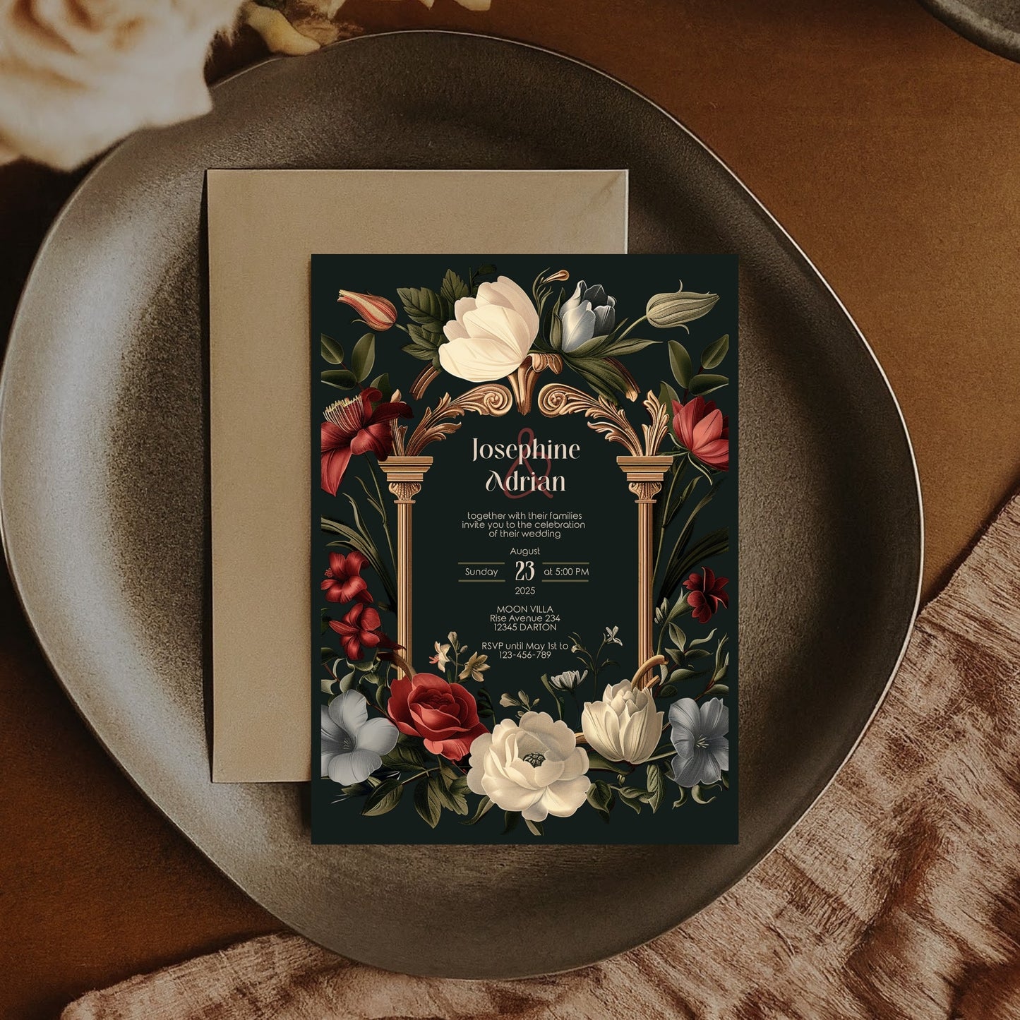 Baroque Wedding Invitation Set - Dark Vintage Botanical Garden, Gold Frame, Editable 8 items