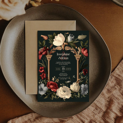 Baroque Wedding Invitation Set - Dark Vintage Botanical Garden, Gold Frame, Editable 8 items