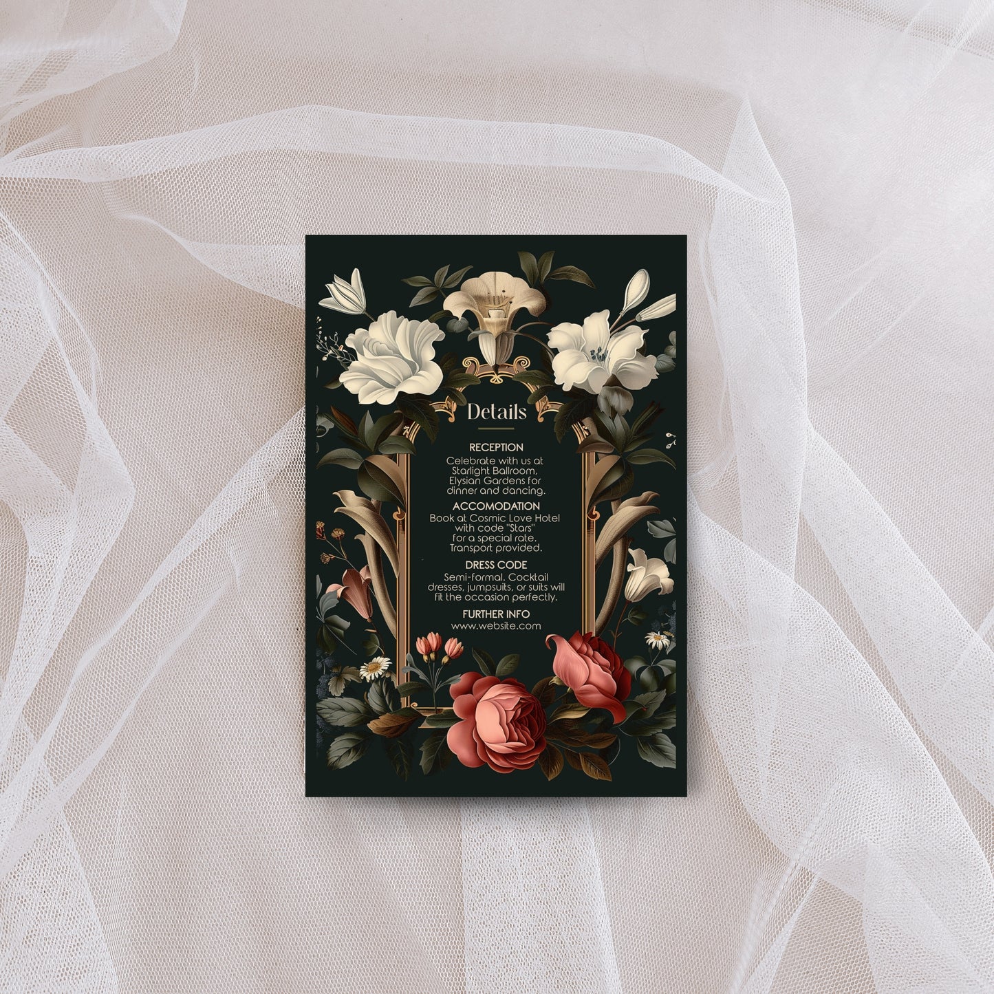 Baroque Wedding Invitation Set - Dark Vintage Botanical Garden, Gold Frame, Editable 8 items