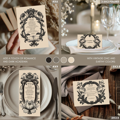 Dark Baroque Wedding Invitation Set - Vintage Beige Floral Design, Black Frame, Editable 8 items