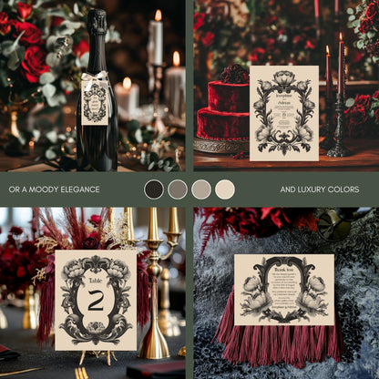 Dark Baroque Wedding Invitation Set - Vintage Beige Floral Design, Black Frame, Editable 8 items