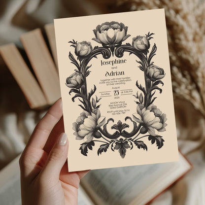 Dark Baroque Wedding Invitation Set - Vintage Beige Floral Design, Black Frame, Editable 8 items