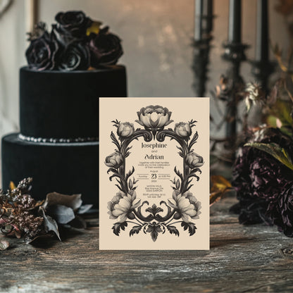 Dark Baroque Wedding Invitation Set - Vintage Beige Floral Design, Black Frame, Editable 8 items