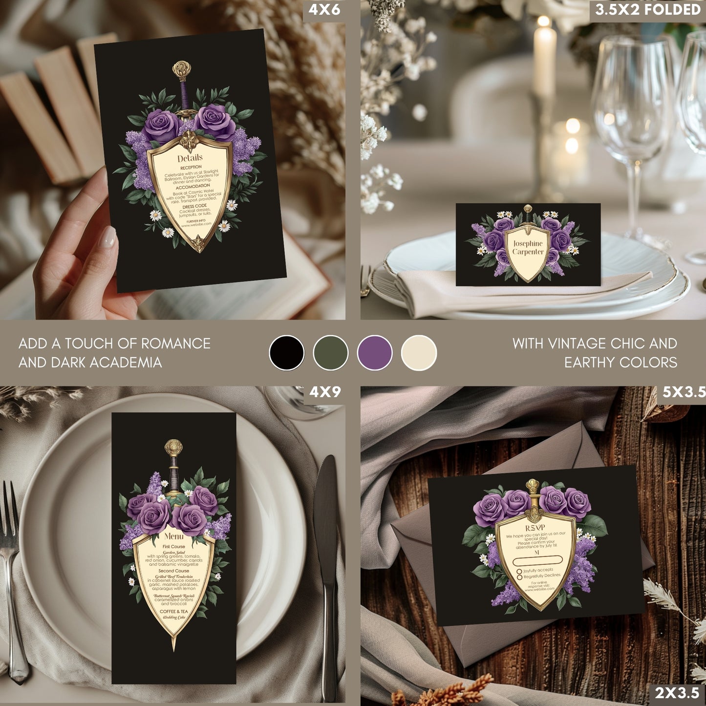 Elegant Shield Wedding Invitation Set – Purple Roses and Green Botanicals, Medieval Sword and Shield