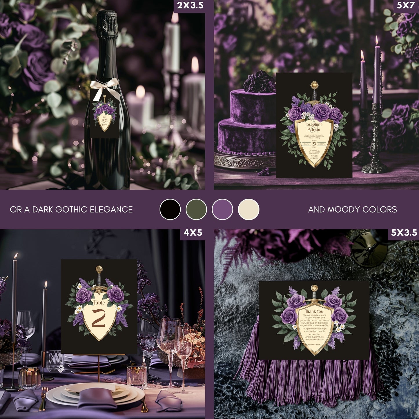 Elegant Shield Wedding Invitation Set – Purple Roses and Green Botanicals, Medieval Sword and Shield