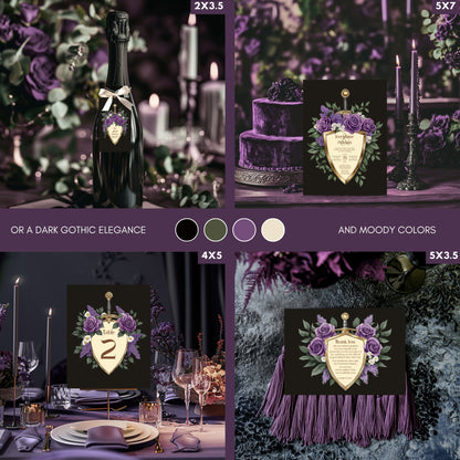 Elegant Shield Wedding Invitation Set – Purple Roses and Green Botanicals, Medieval Sword and Shield