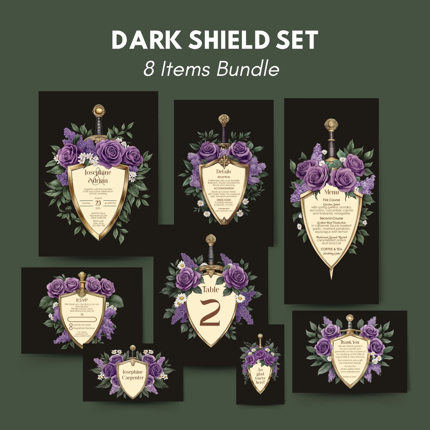 Elegant Shield Wedding Invitation Set – Purple Roses and Green Botanicals, Medieval Sword and Shield
