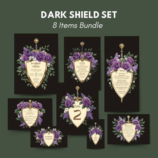 Elegant Shield Wedding Invitation Set – Purple Roses and Green Botanicals, Medieval Sword and Shield