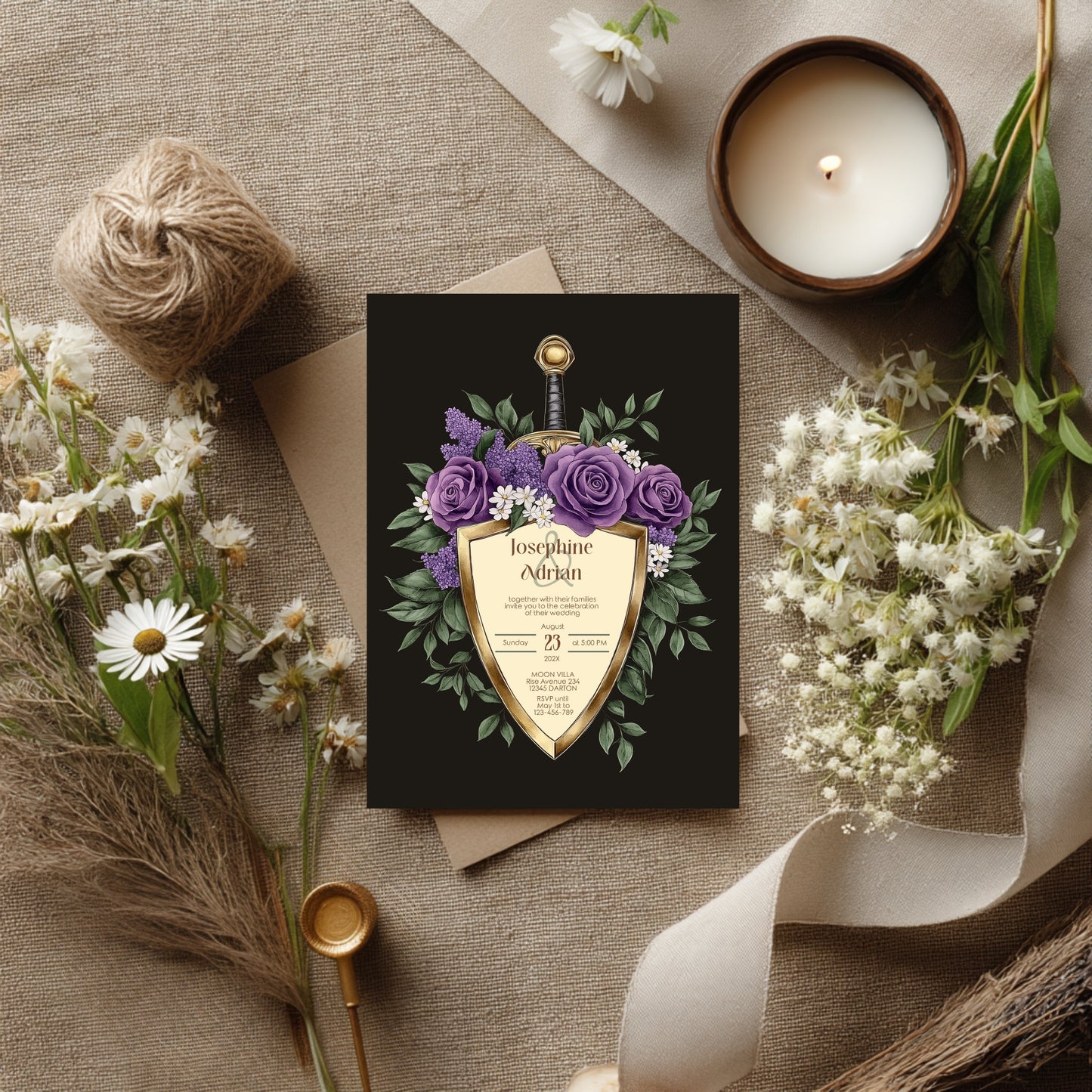 Elegant Shield Wedding Invitation Set – Purple Roses and Green Botanicals, Medieval Sword and Shield