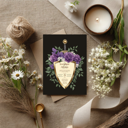 Elegant Shield Wedding Invitation Set – Purple Roses and Green Botanicals, Medieval Sword and Shield
