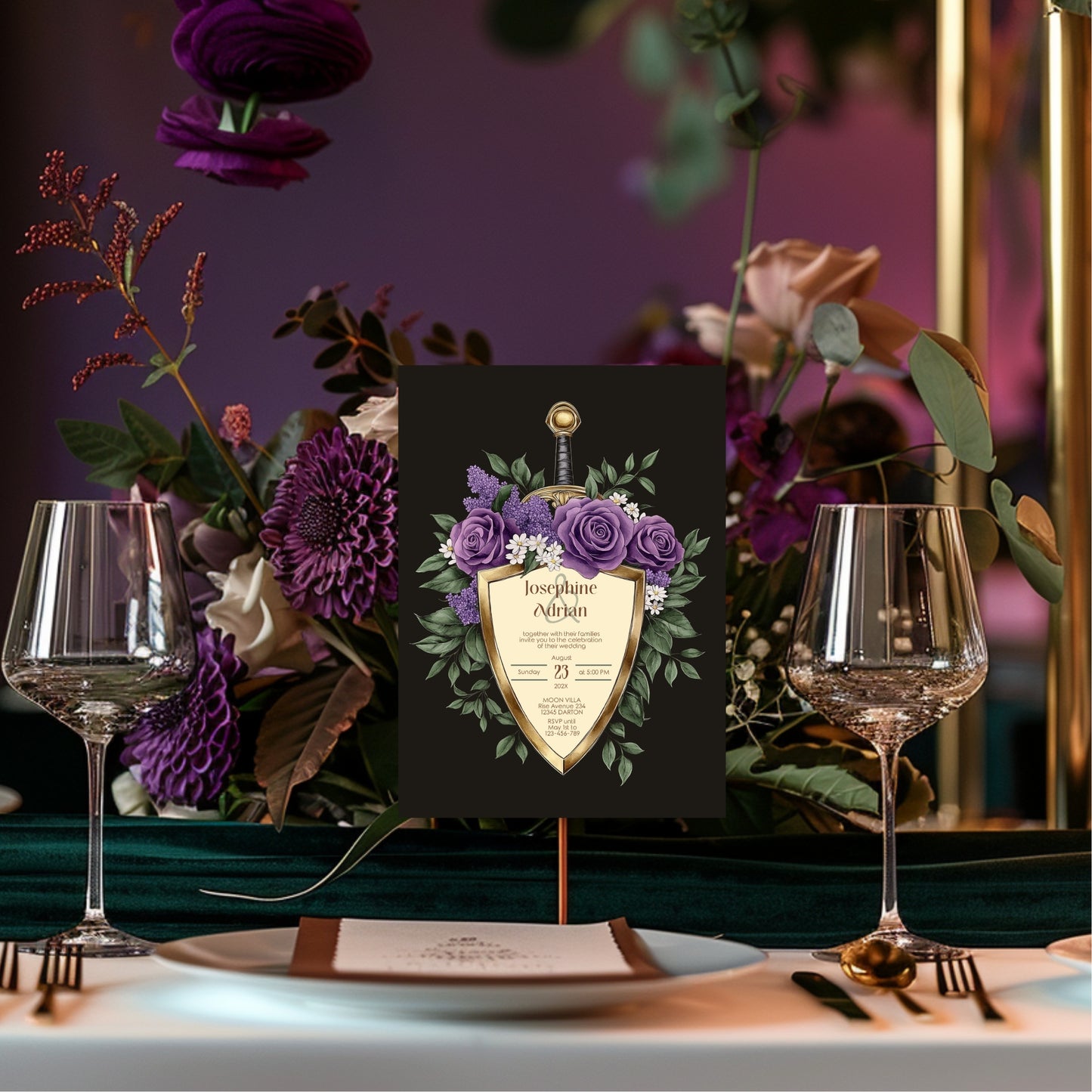 Elegant Shield Wedding Invitation Set – Purple Roses and Green Botanicals, Medieval Sword and Shield