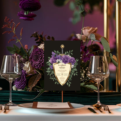 Elegant Shield Wedding Invitation Set – Purple Roses and Green Botanicals, Medieval Sword and Shield